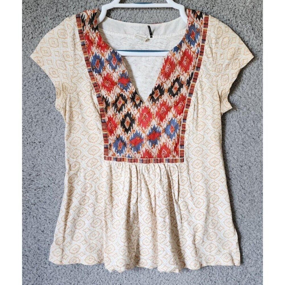 Akemi + Kin Anthropologie Women's Short Sleeve Embroidered V Neck Top Boho Sz XS